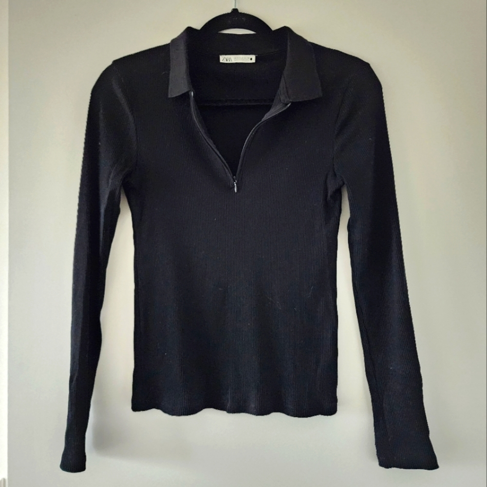 Zara Black Ribbed Half Zip Long Sleeve Polo Shirt